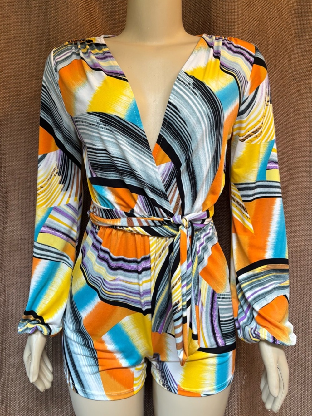 Colorful Abstract Print V-Neck Romper with Tie Waist